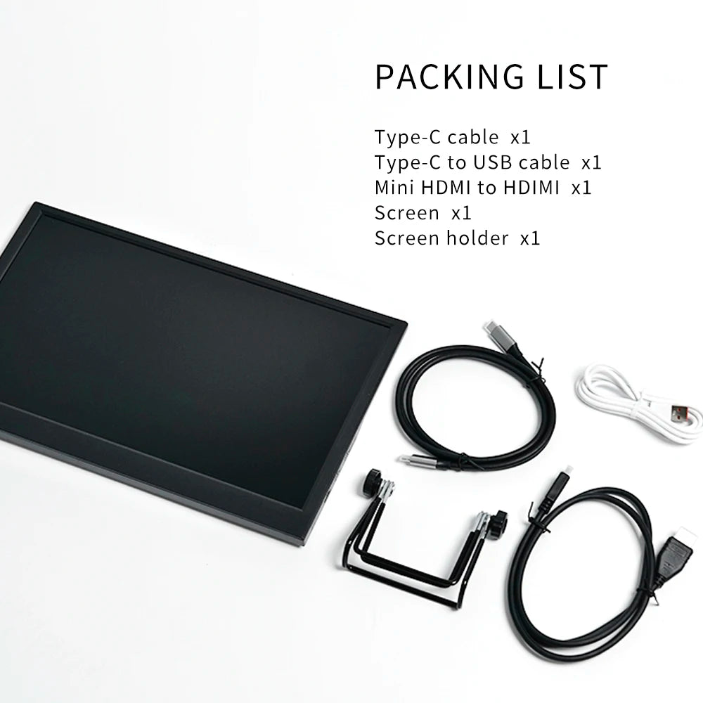 Portable monitor kit including a black screen, a screen holder, Type-C cable, Type-C to USB cable, and Mini HDMI to HDMI cable. The packing list is displayed on the right.