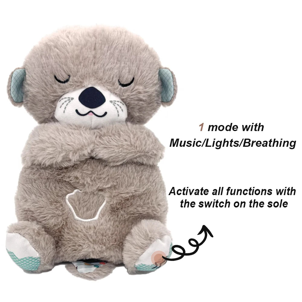 Plush gray bear with closed eyes, offering music, lights, and breathing effects. Functions activated by a switch on the sole. Text highlights features and mode settings.