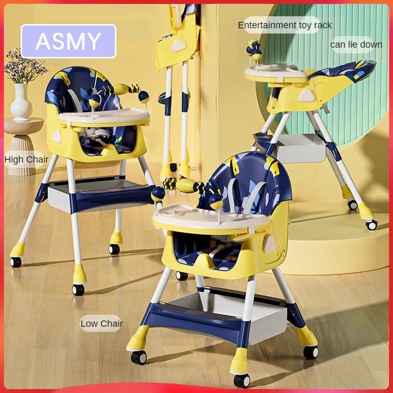 Adjustable yellow and blue high chair with a detachable tray, toy rack, and recline feature. Shown in high and low positions on a wooden floor, with decorative elements around.