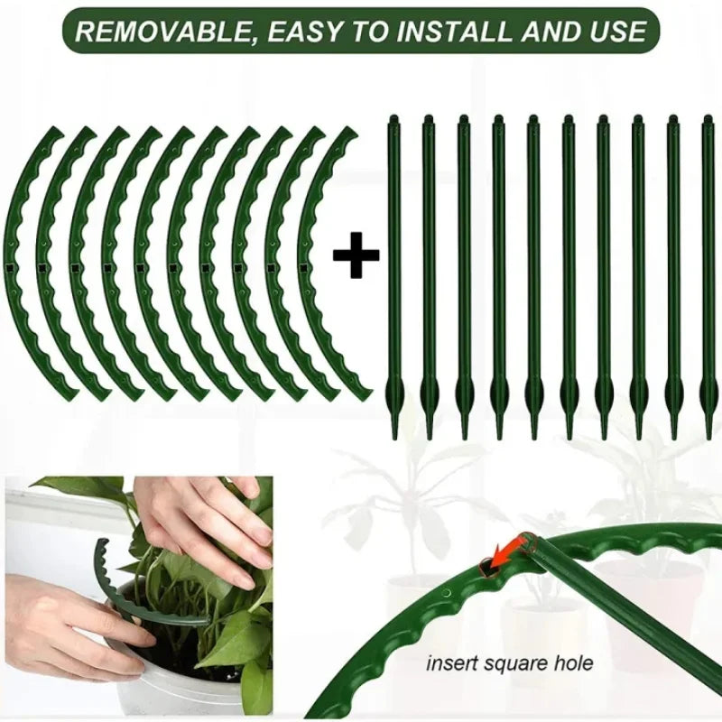Green plant support set with arc clips and stakes for easy assembly. Includes an image of hands inserting a clip around a plant and a detail showing connection.
