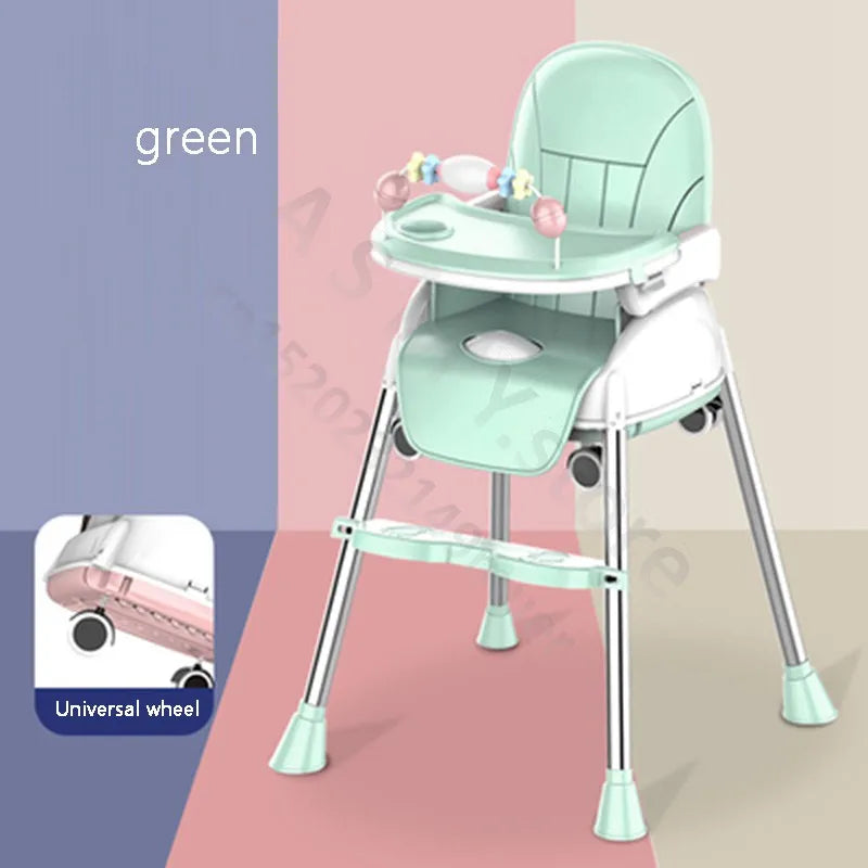 Mint green high chair with tray and toy bar on metal legs, featuring universal wheels. Background is divided into blue, pink, and beige sections.