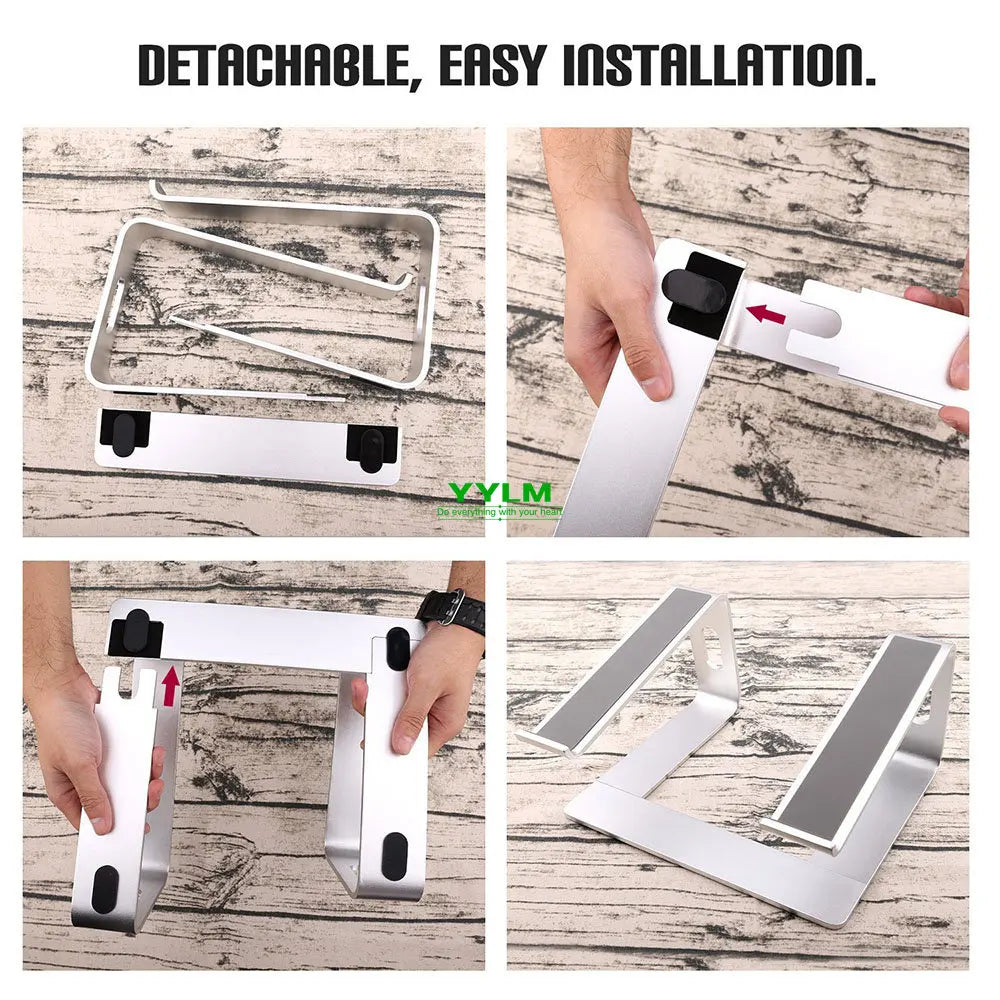 Detachable, easy-to-install laptop stand shown in four steps: disassembled, connecting parts, securing, and fully assembled. Silver finish and black non-slip pads on a textured surface.