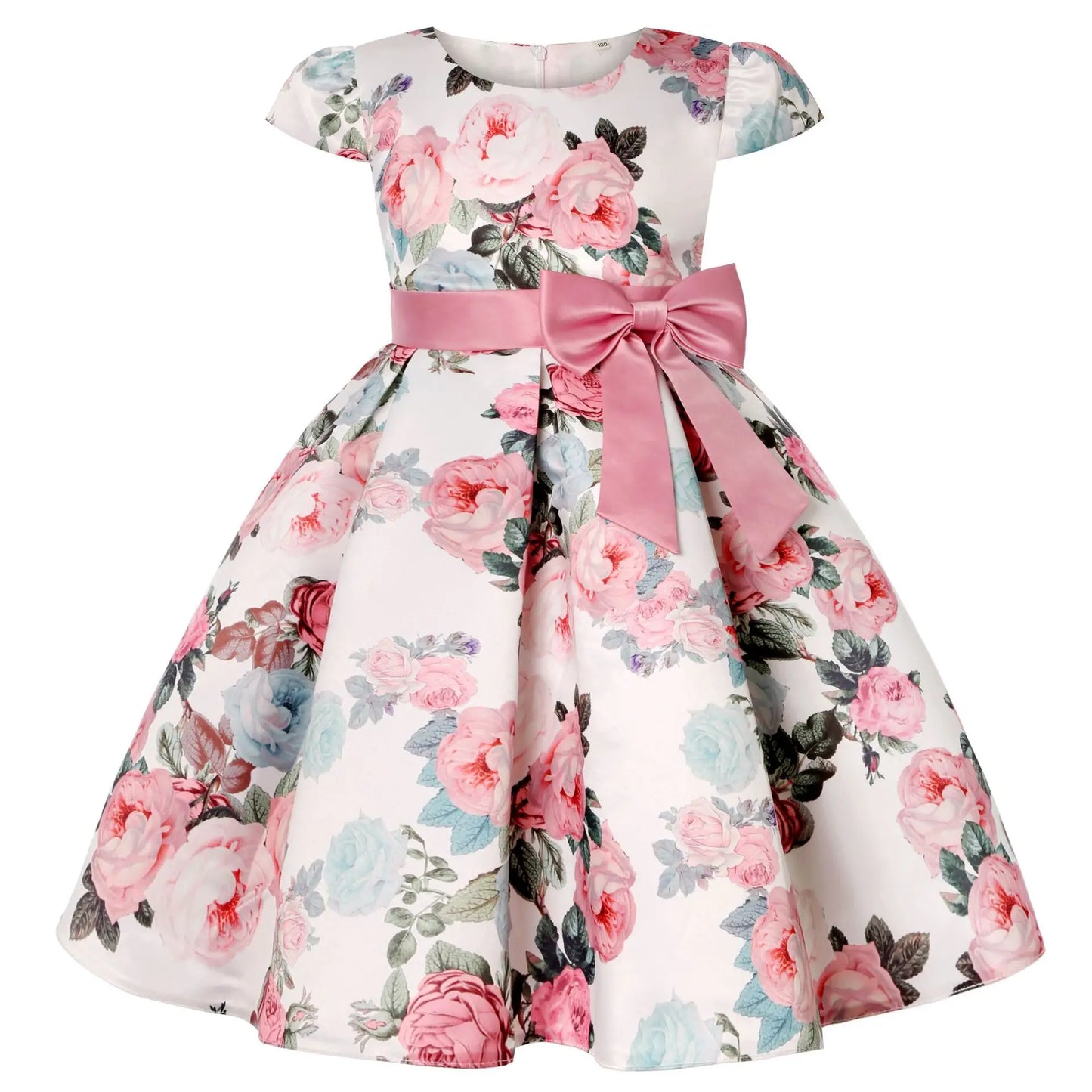Floral dress with pink and blue roses, short sleeves, and a full skirt. Accented by a satin pink bow around the waist.