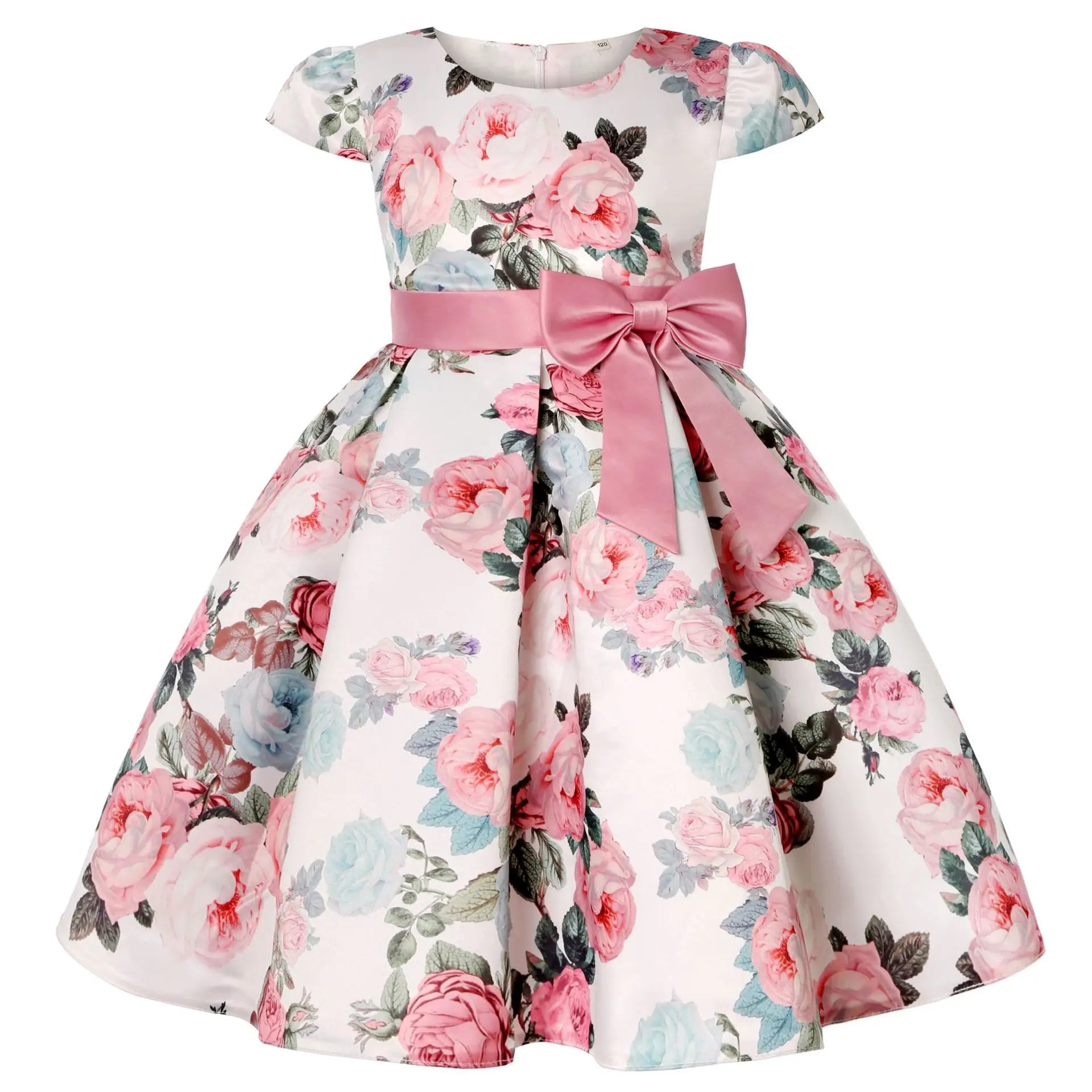 Floral dress with pink and blue roses, short sleeves, and a full skirt. Accented by a satin pink bow around the waist.