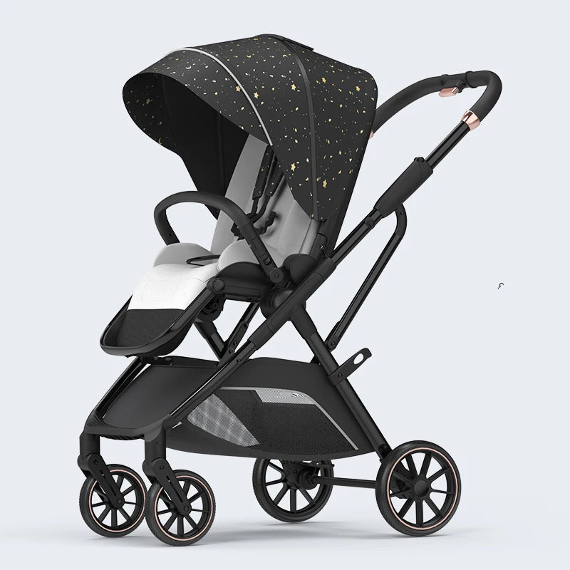 Black stroller with gold star patterns on canopy, cushioned seat, and adjustable handle. It features four wheels and a storage basket beneath, photographed on a light background.