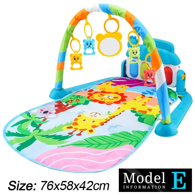 Colorful baby play mat with a jungle theme, featuring a rainbow arch with hanging toys and mirror. Includes animal illustrations like a lion and giraffe. Size: 76x58x42cm.
