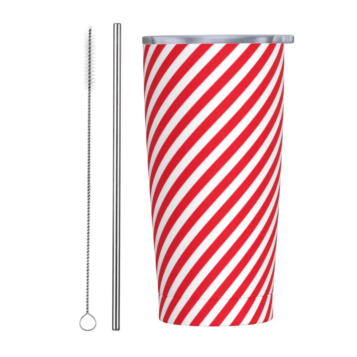 A red and white striped tumbler with a metal lid, accompanied by a metal straw and a cleaning brush. The design features diagonal candy cane-style stripes.