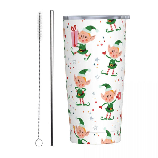 Festive tumbler with a cartoon elves pattern, featuring elves in green outfits, holding gifts and waving. Includes a metal straw and a cleaning brush beside the tumbler.