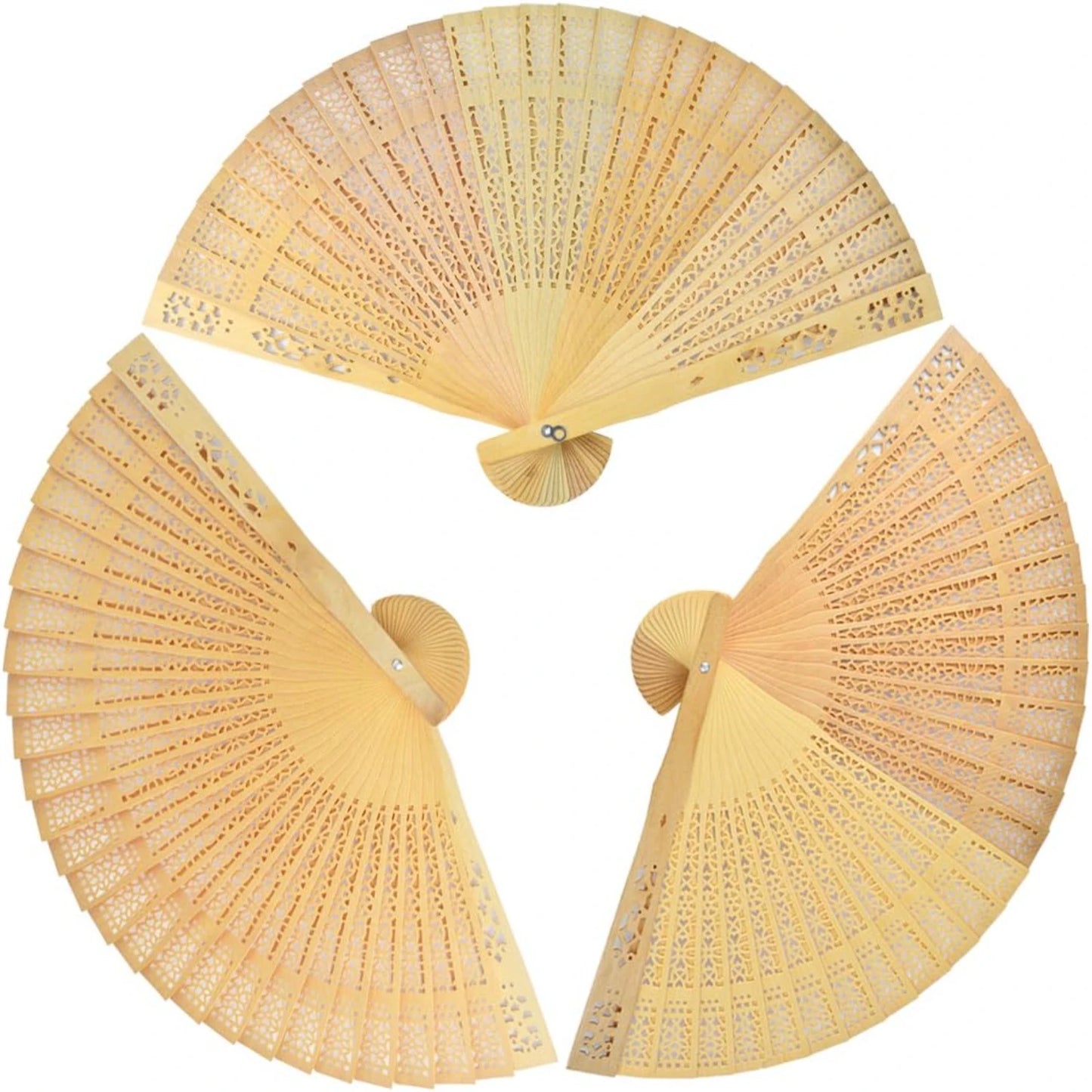 Three intricately designed hand fans, arranged to form a circle. Each fan features ornate cut-out patterns on a light wooden material, radiating elegance and symmetry.