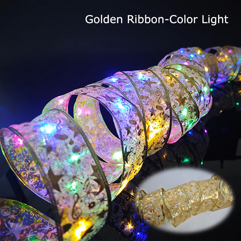 Colorful LED lights illuminate a decorative golden ribbon with star and floral patterns, creating a festive ambiance. A close-up of the ribbon is inset below.