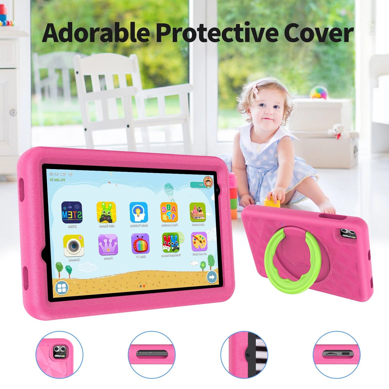 Pink tablet case with a green handle on display, featuring a children's app screen. A toddler in a playroom setting is visible in the background. Text reads, "Adorable Protective Cover."