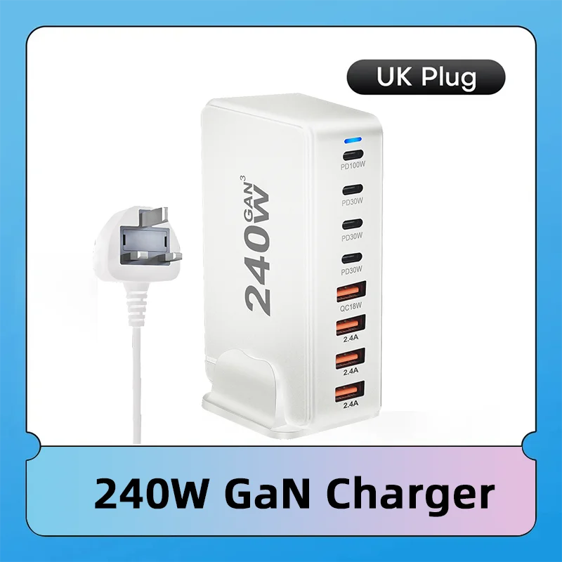 240W GaN charger with UK plug. Features five USB ports with varied outputs: PD100W, PD30W, QC18W, and two 2.4A ports. White design on a gradient blue background.