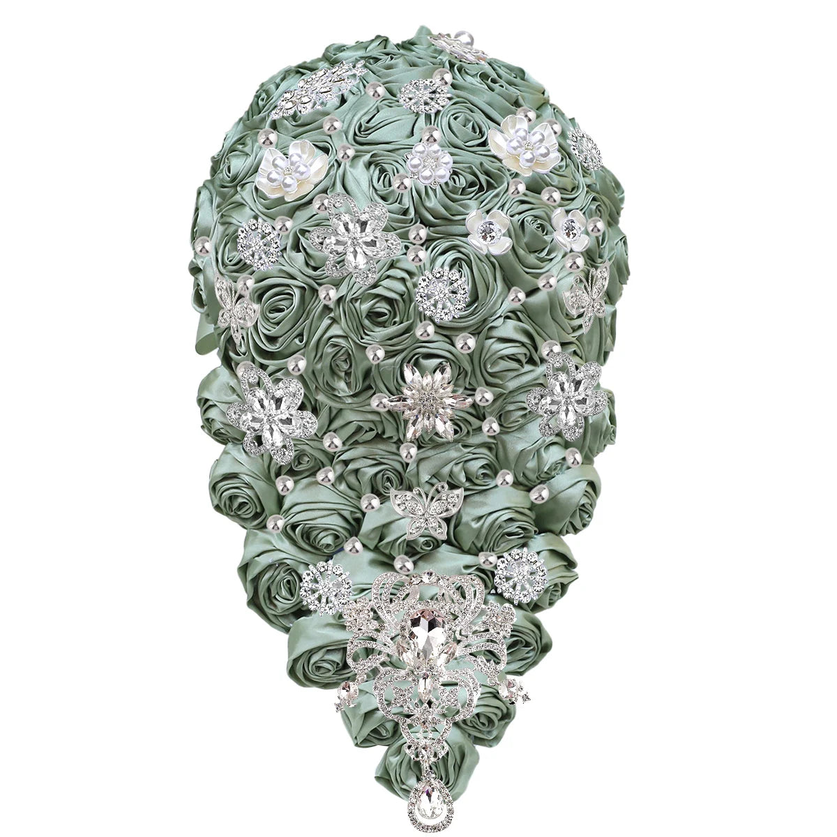 Elegant bouquet of light green satin roses adorned with intricate silver brooches and pearls, blending floral and metallic elements in a teardrop shape against a white background.