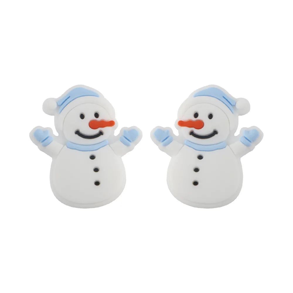 Two cartoon snowmen with blue hats and gloves, smiling with carrot noses and black button eyes, stand side by side on a white background.