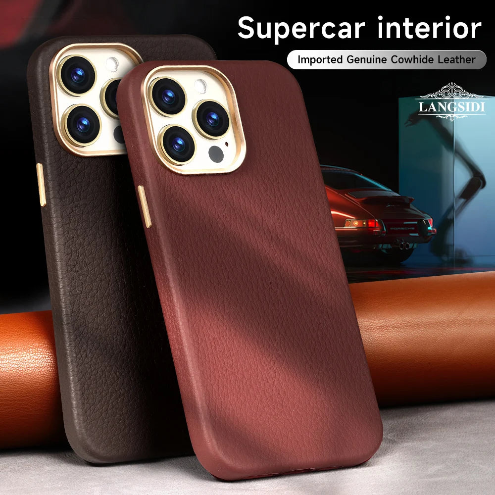 Two luxury phone cases in brown shades made of genuine cowhide leather, displayed in front of a supercar image. Text reads "Supercar interior" and "Langsidi."