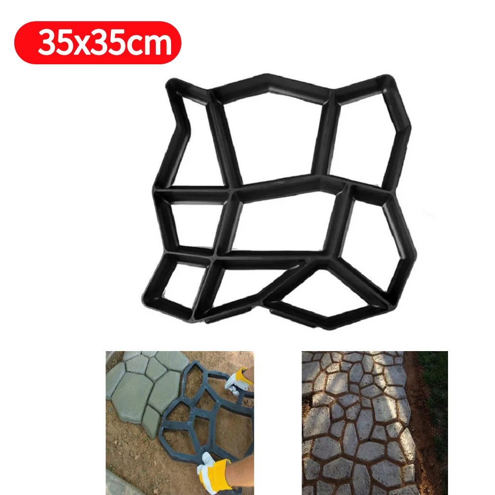 Plastic mold for creating concrete garden paths. The top shows a 35x35cm black mold; below, two images show its use in making stone-patterned paths.