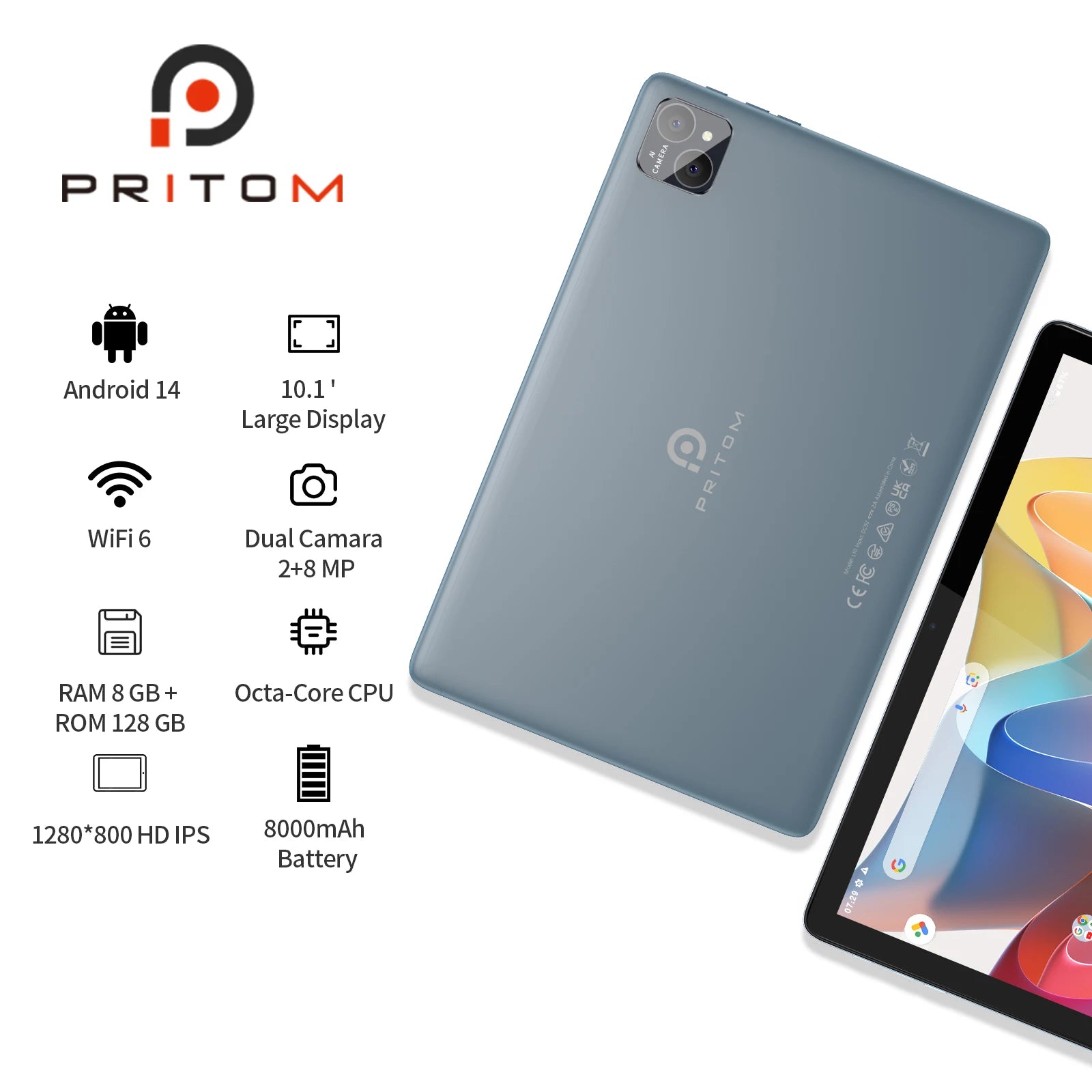 Pritom tablet features Android 14, 10.1" display, WiFi 6, dual camera (2+8 MP), 8GB RAM, 128GB ROM, octa-core CPU, 1280x800 HD IPS, and 8000mAh battery.