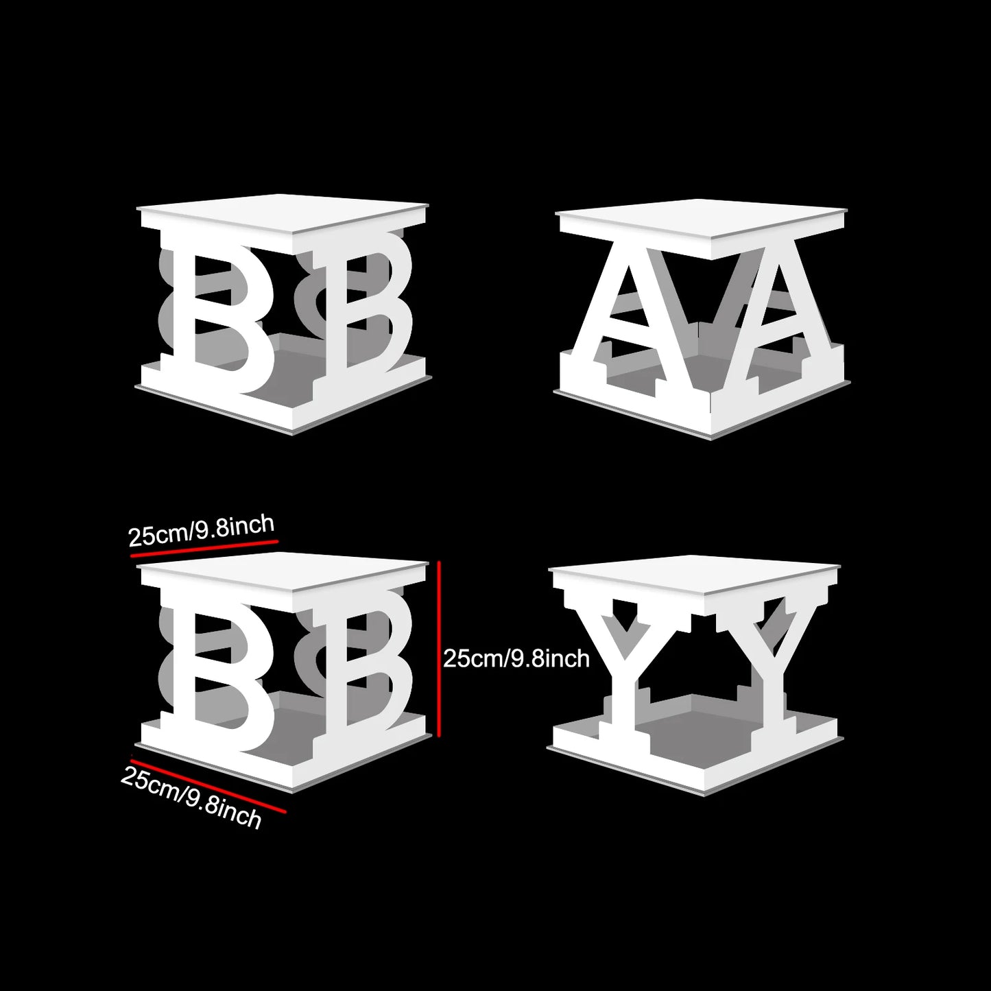 Four white, letter-shaped table designs on a black background: B, A, B, Y. Each measures 25cm (9.8 inches) per side. The first B shows dimensions in red lines.