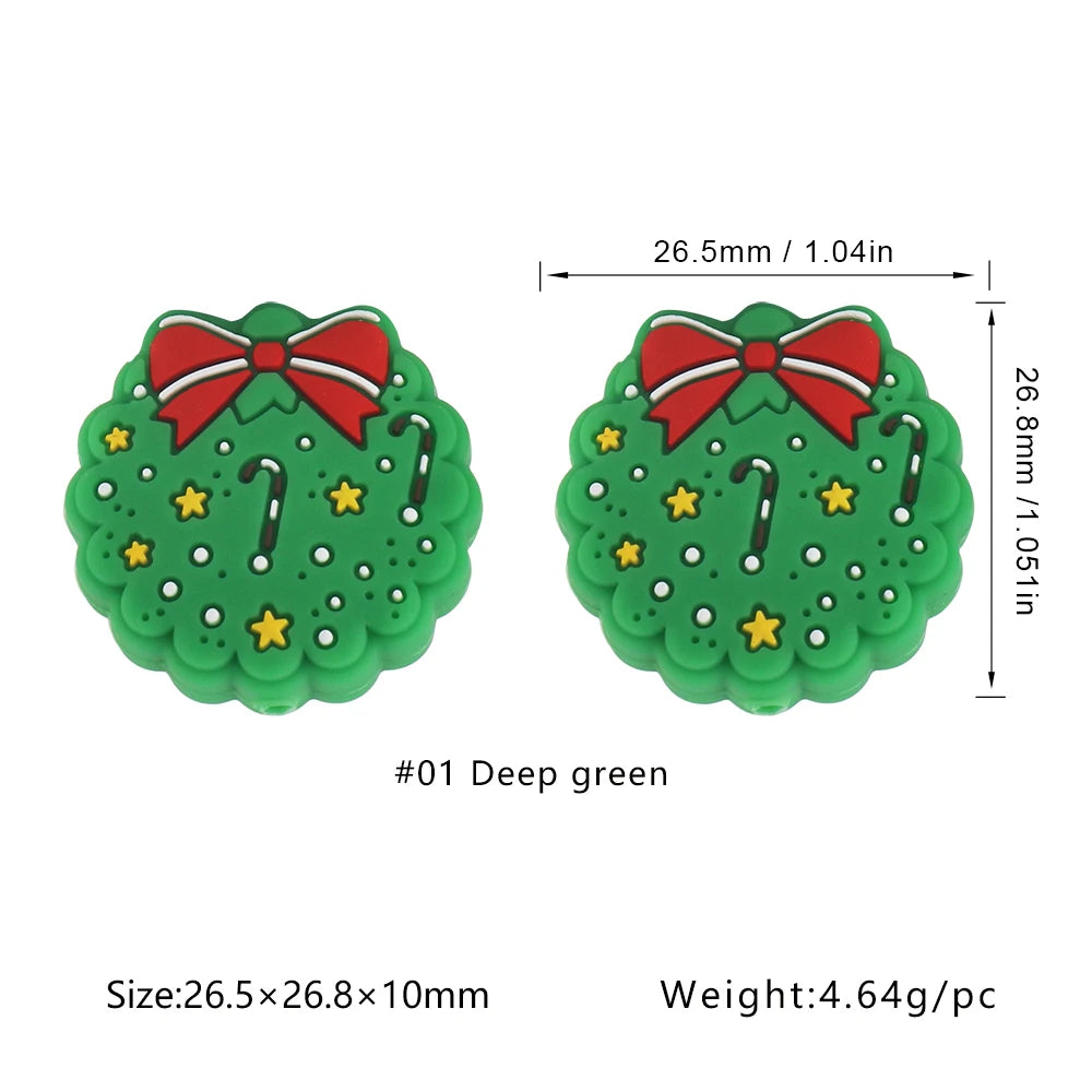 Green Christmas-themed button with a red bow, featuring stars and candy canes. It measures 26.5x26.8x10mm and weighs 4.64g. Two identical buttons shown.