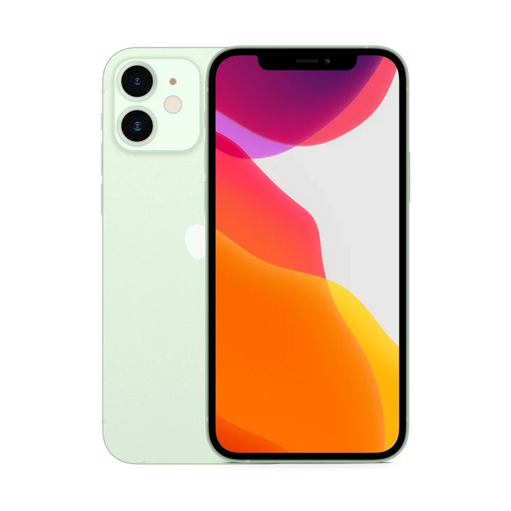 Front and back view of a white smartphone with dual rear cameras and a colorful display featuring red, orange, and yellow hues.