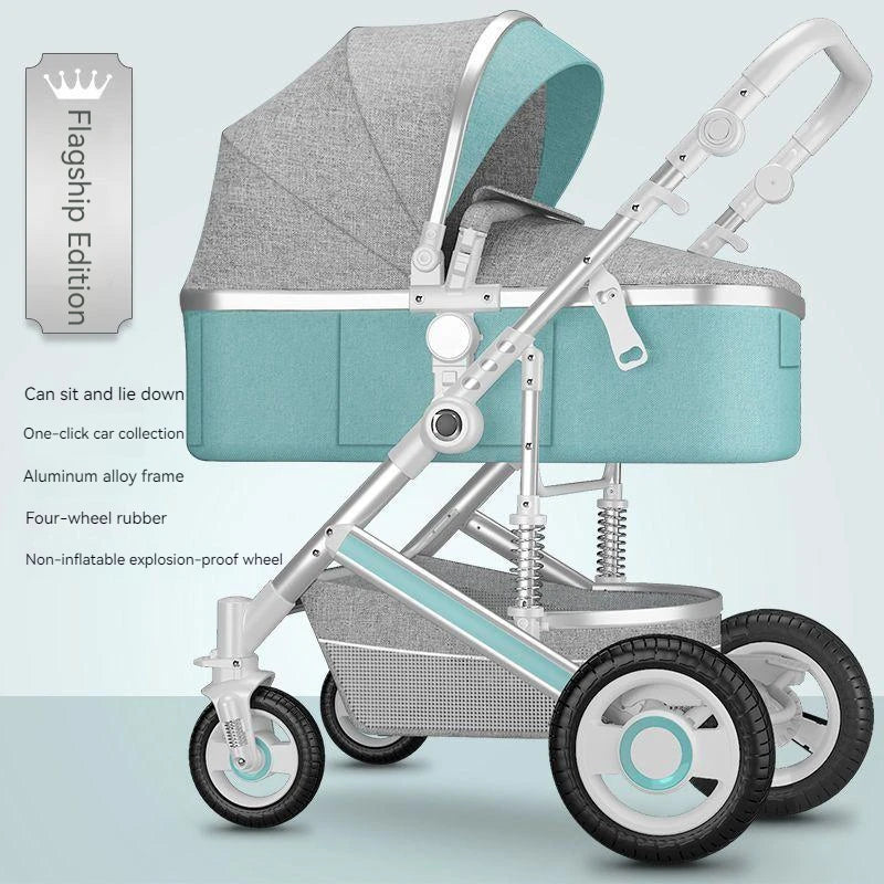 A turquoise and gray baby stroller with an aluminum alloy frame, featuring a reclining seat, one-click folding, four rubber wheels, and a non-inflatable explosion-proof design.