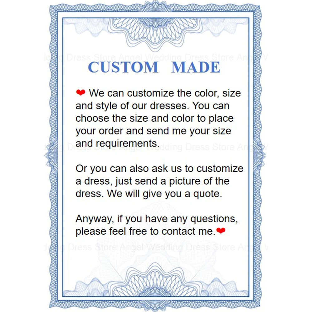 Decorative certificate with a blue border and the title "Custom Made" in bold. Text details custom dress options, allowing customers to choose size, color, and send pictures for quotes.
