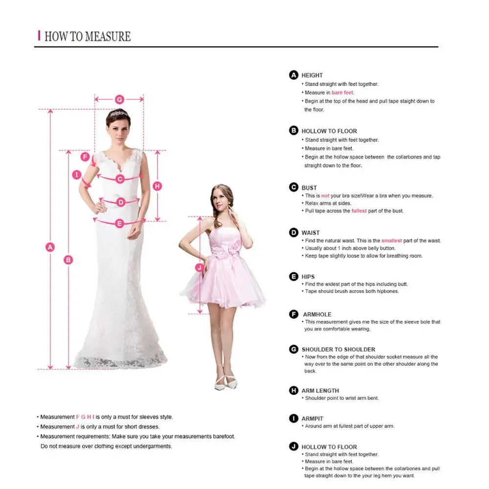 Two women in dresses demonstrate how to measure for clothing. Instructions detail steps for height, bust, waist, hips, armhole, and more. Measurement tips are included.