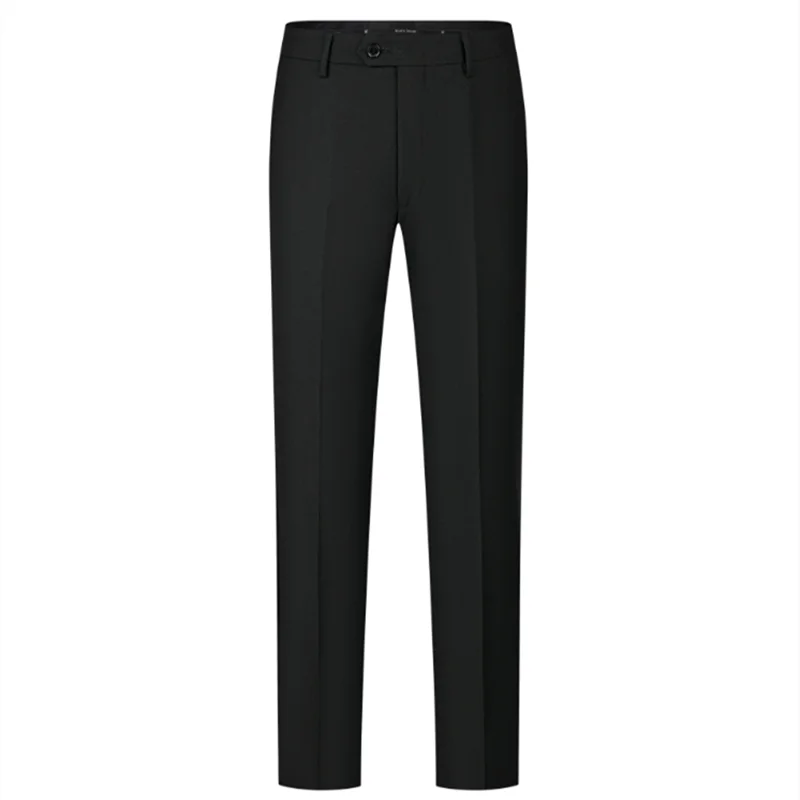 Black formal trousers with a button and zip closure, belt loops, and front crease lines. Ideal for professional or dress settings, displayed against a plain white background.