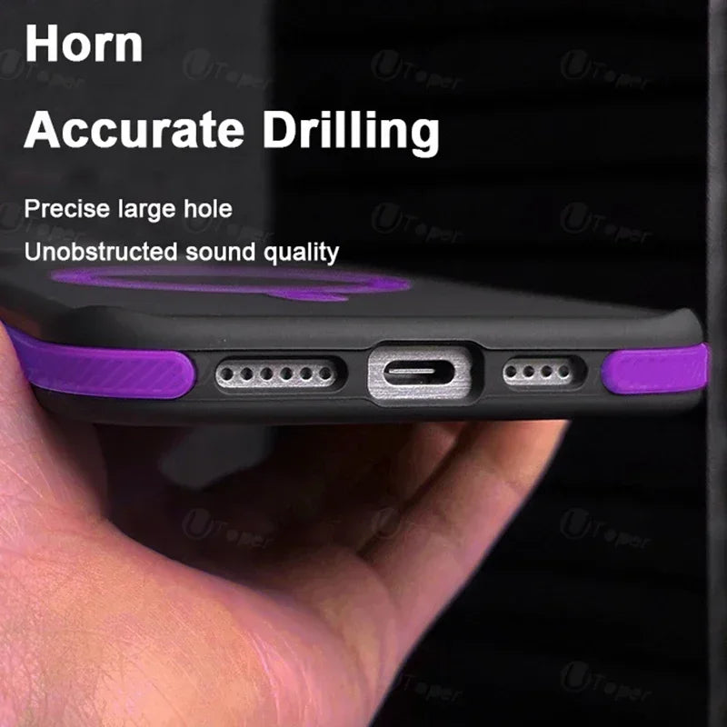 Close-up of a phone case bottom showing precise cutouts for charging and speakers. Text reads: "Horn Accurate Drilling, Precise large hole, Unobstructed sound quality," against a hand-held background.