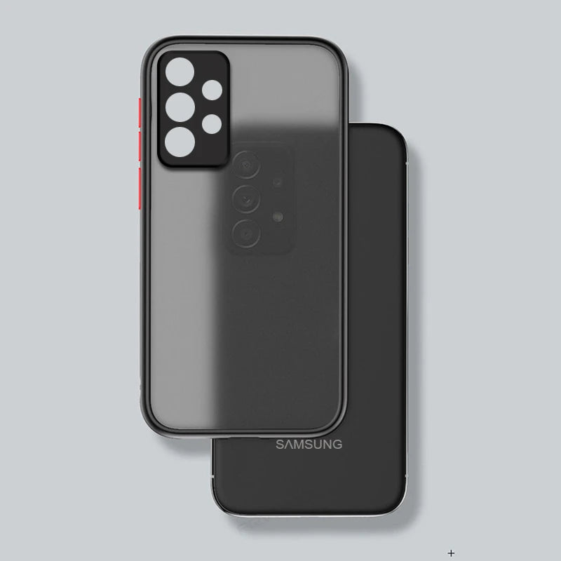 Translucent smartphone case with camera cutouts over a Samsung phone, showcasing a sleek black design. The case and phone are positioned diagonally against a gray background.