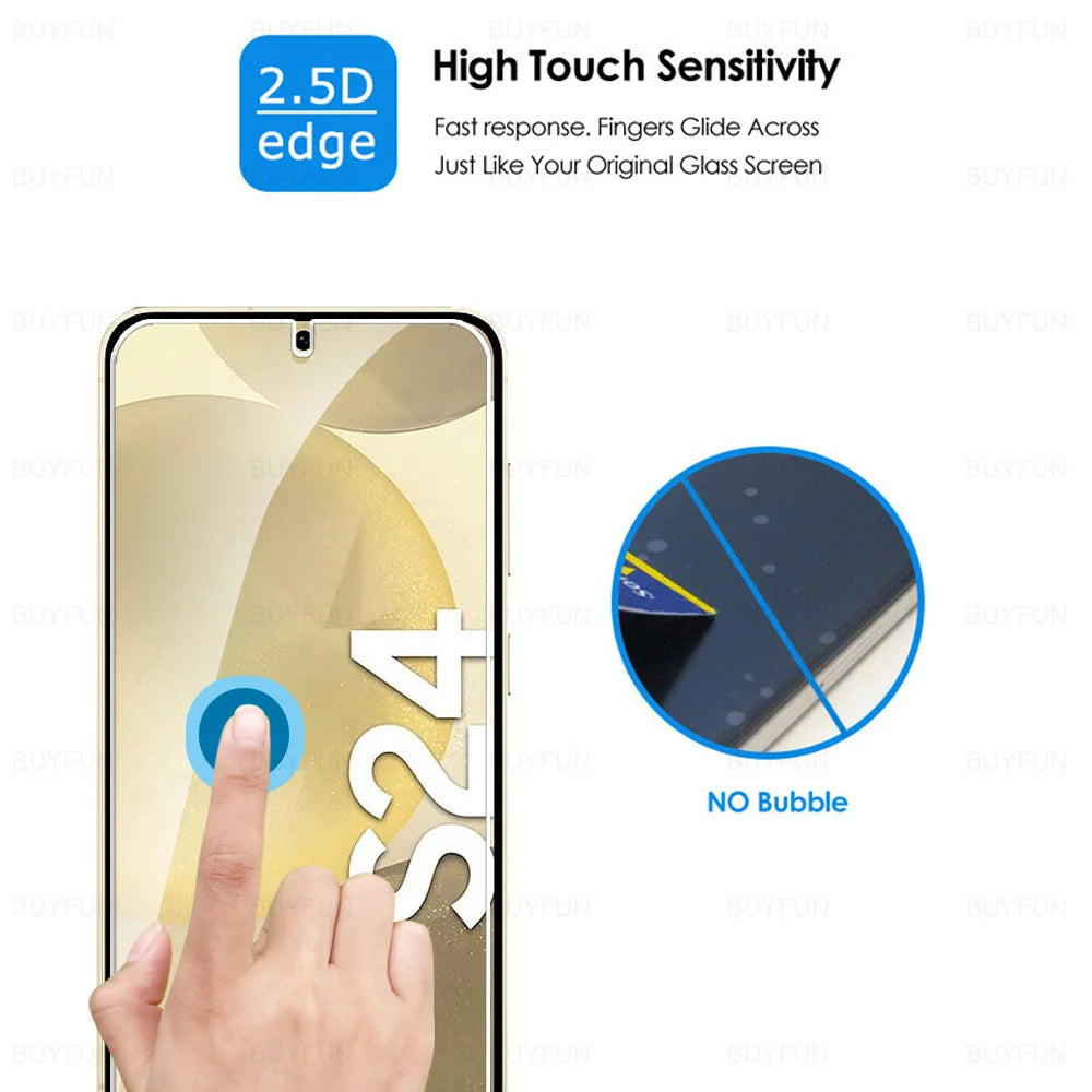 Smartphone with a 2.5D edge screen protector. Features high touch sensitivity with no bubbles. A hand touches the display showing “S24.”