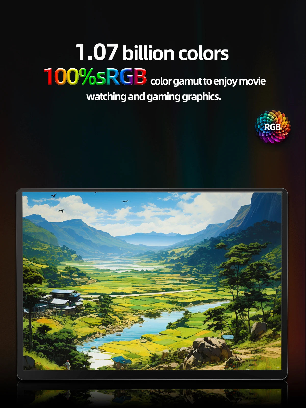 Tablet screen displaying a vibrant landscape with mountains, valley, and river. Text above promotes "1.07 billion colors" and "100% sRGB color gamut" for movies and gaming.