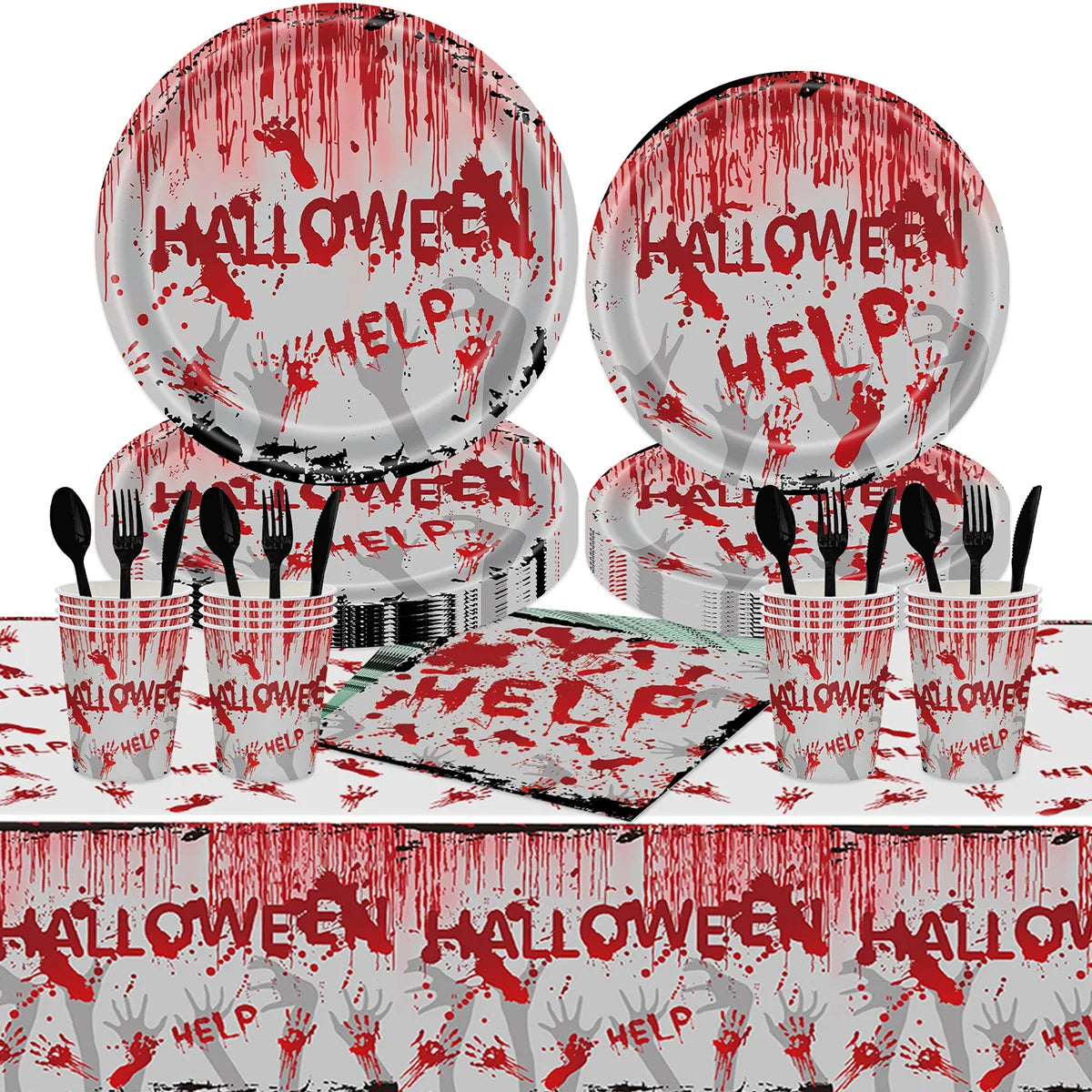 Halloween-themed party supplies with "HELP" in red paint, resembling blood, on plates, napkins, cups, and a tablecloth. Black cutlery accompanies the set.
