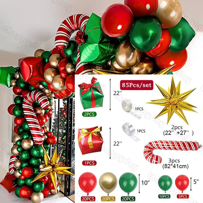 Festive arch decoration with red, green, and gold balloons, striped candy cane inflatables, star ornaments, and wrapped gifts. Includes product details and quantities in the set.