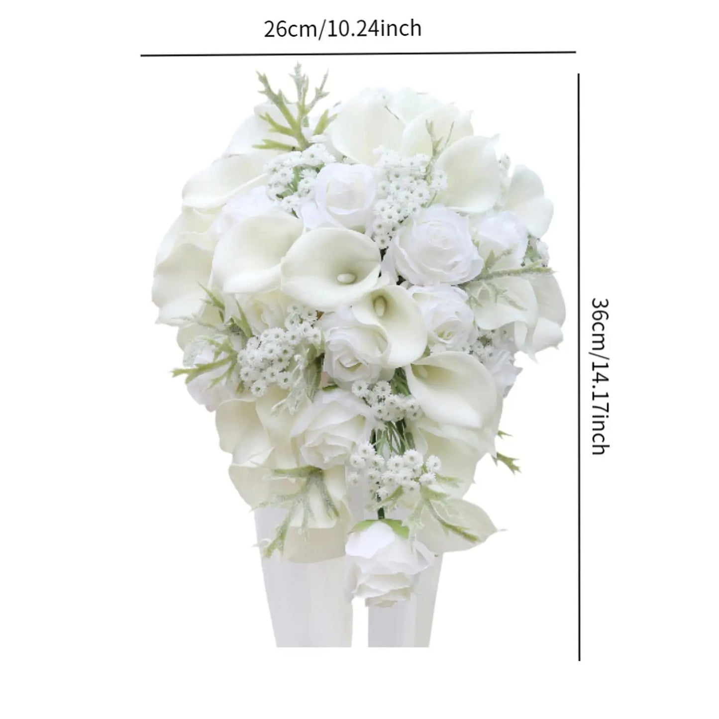 A white floral bouquet featuring roses, calla lilies, and baby's breath, measuring 26cm by 36cm. The bouquet is arranged in a cascading style with green foliage accents.