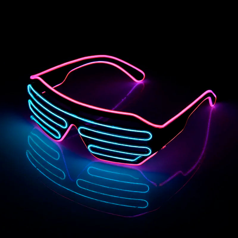 Neon-lit shutter shades with glowing blue slats and pink frame on a dark reflective surface, creating a futuristic, vibrant aesthetic.