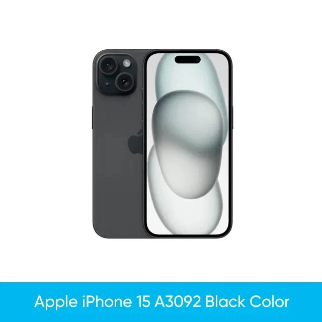 Black Apple iPhone 15 model A3092 shown front and back. The display features an abstract design, and dual rear cameras are visible. White background with product label below.