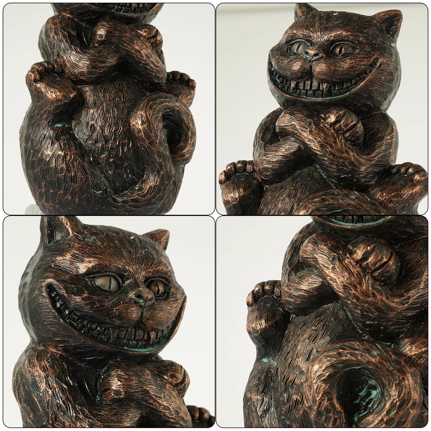 Bronze sculpture of a grinning Cheshire Cat in four views, showing its textured fur, curled tail, and mischievous smile with sharp teeth. The figure has a playful, mischievous pose.
