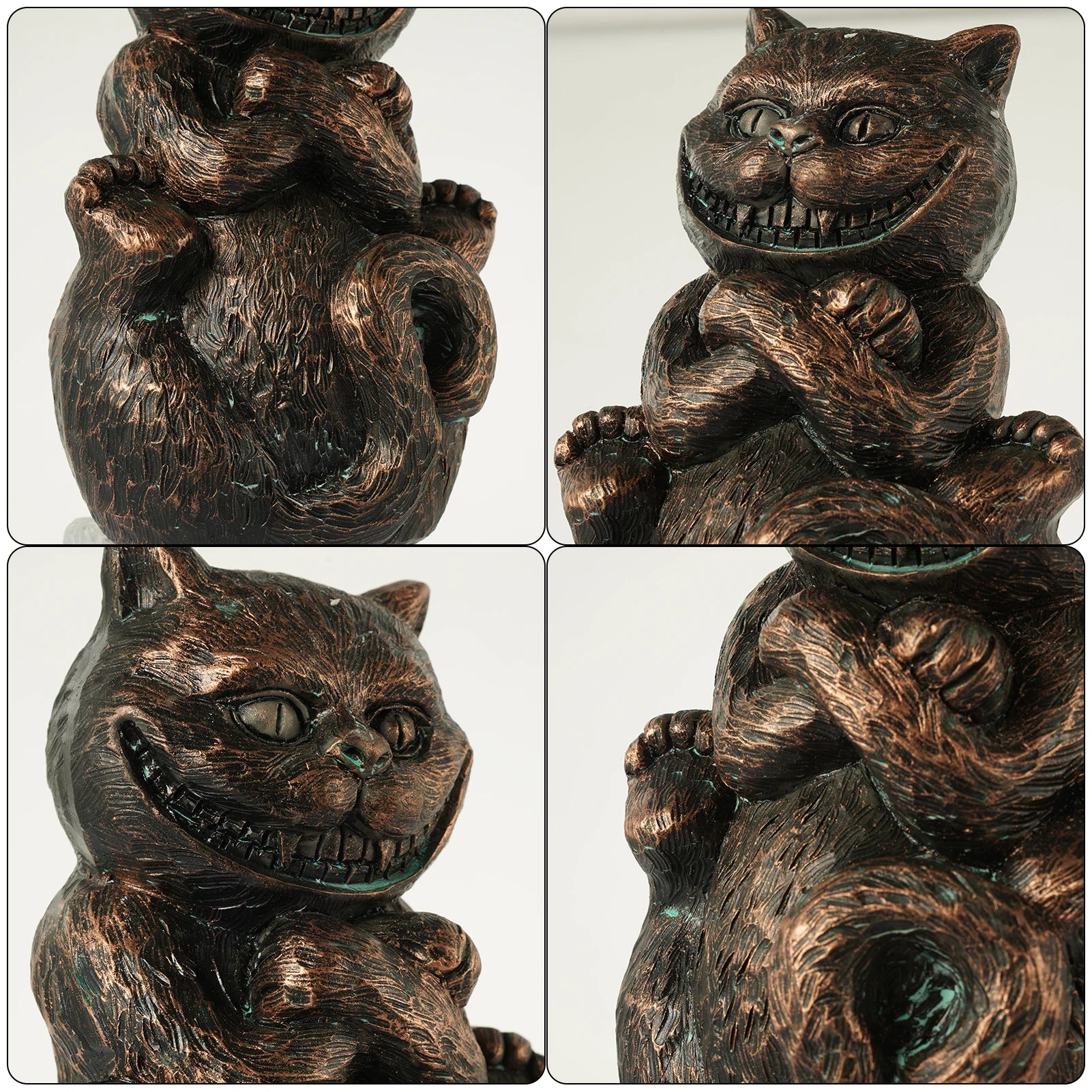 Bronze sculpture of a grinning Cheshire Cat in four views, showing its textured fur, curled tail, and mischievous smile with sharp teeth. The figure has a playful, mischievous pose.