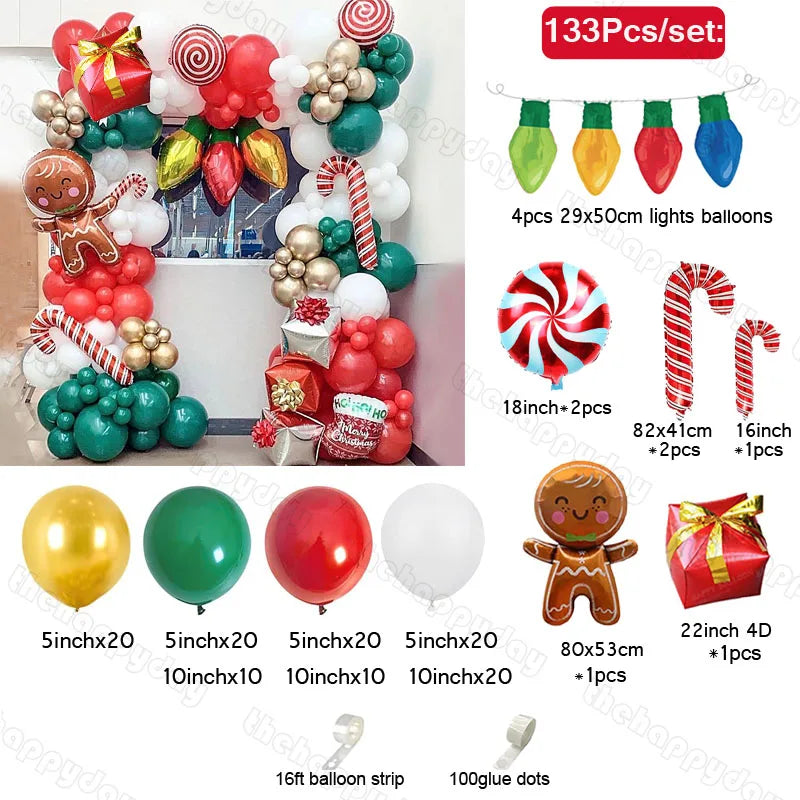 Festive balloon arch set includes red, green, and white balloons, gingerbread, candy, and gift box designs. Features 133 pieces, including string lights and decorative inflatables.