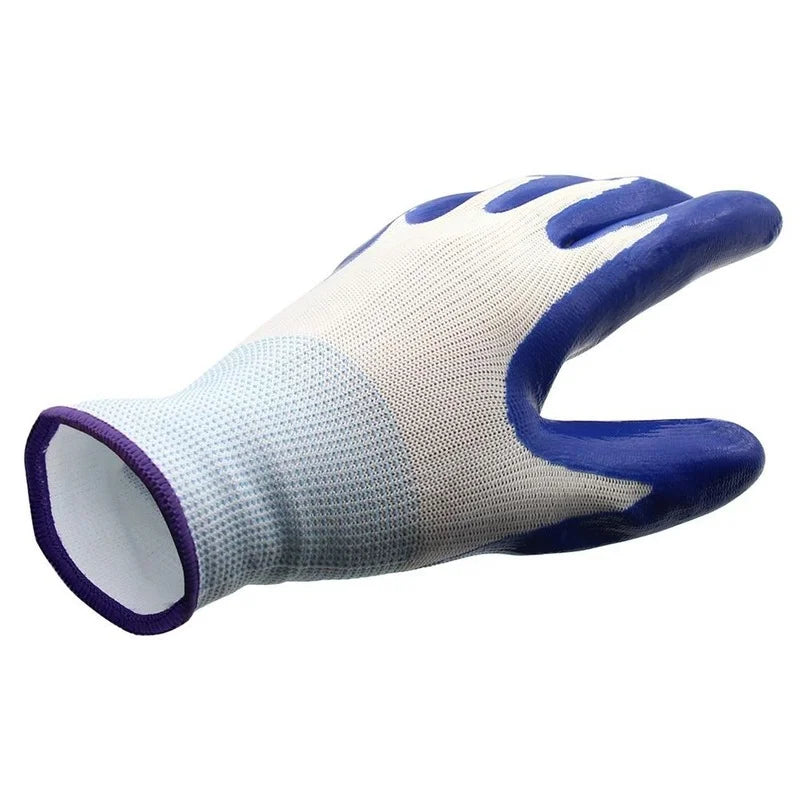 Close-up of a white work glove with blue rubber coating on the fingers and palm, designed for grip and protection.