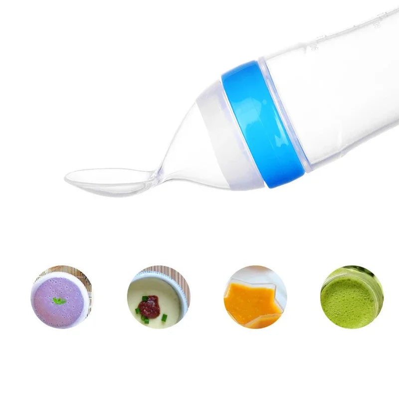 Clear feeding bottle with integrated spoon, featuring a blue band. Below are images of various pureed foods in purple, white, orange, and green, highlighting baby food options.