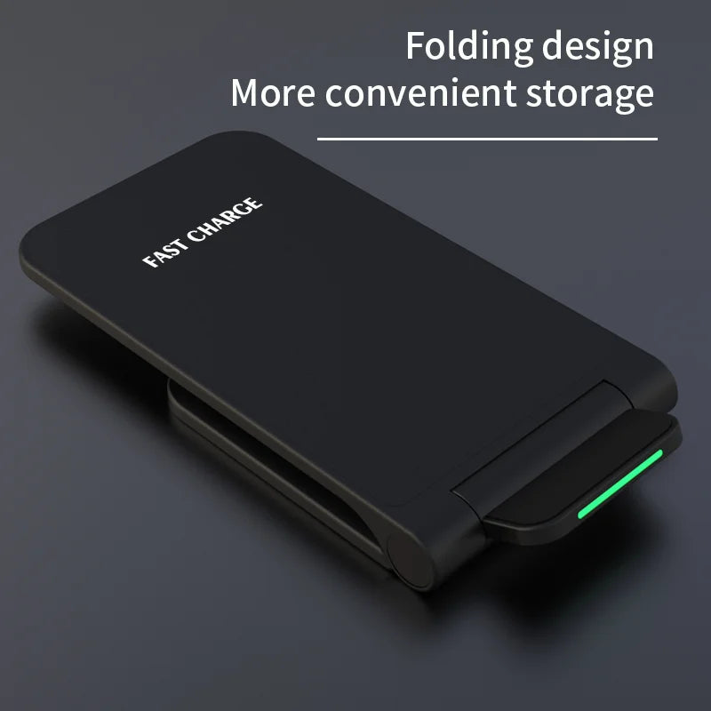 A black folding wireless charger labeled "FAST CHARGE," designed for convenient storage. The charger features a green indicator light. Text above reads "Folding design, More convenient storage."