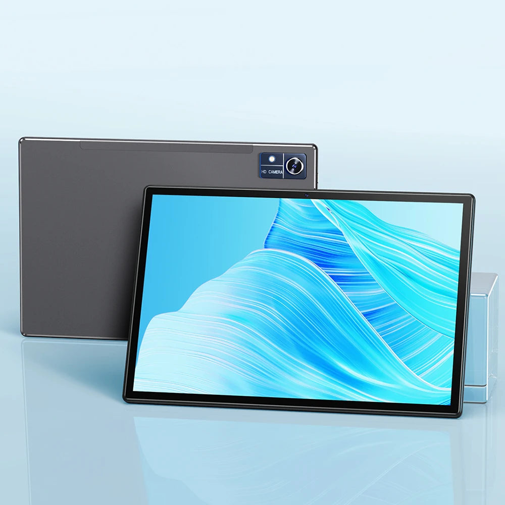 A sleek tablet with a vibrant blue display showing abstract wave patterns, partially leaning on a gray tablet featuring an HD camera.