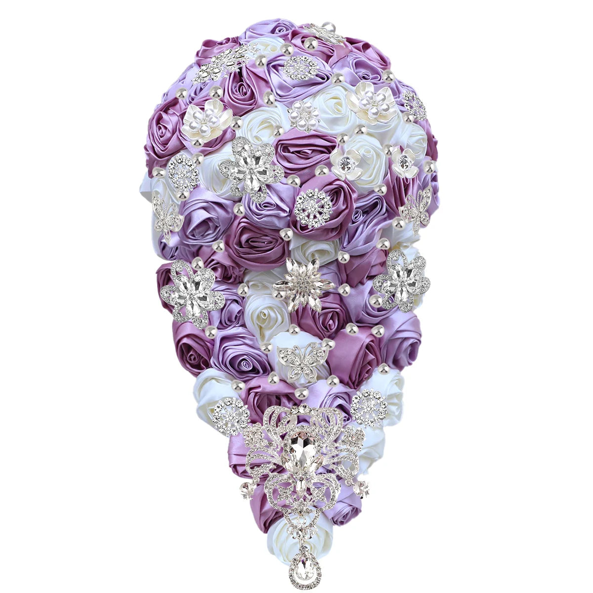 Elegant bouquet of purple and white roses adorned with silver rhinestone brooches and pearl accents, creating a sophisticated and ornate floral arrangement.