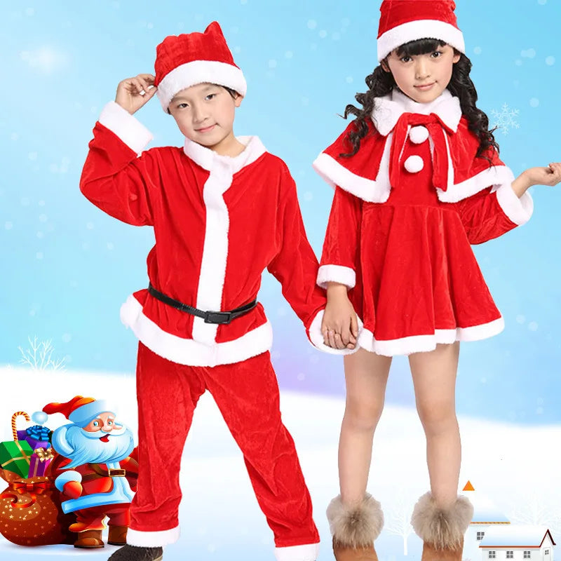 Two children dressed in red and white Santa outfits holding hands. The boy is in a Santa suit with a hat, while the girl wears a festive dress with pom-pom details. Snowy background with a cartoon Santa.