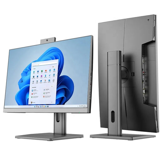Two sleek modern computer monitors side-by-side. The left monitor shows a Windows desktop screen, while the right shows the back panel with various ports. Both have built-in webcams.