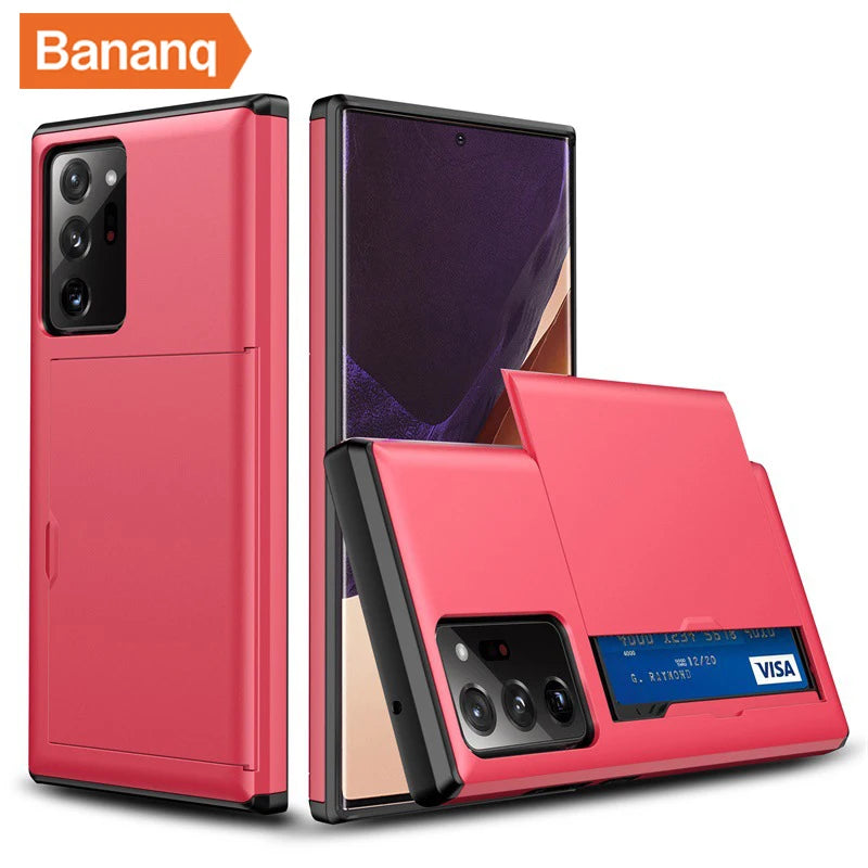 Pink phone case by Bananoq with a sliding compartment reveals storage for a Visa card. The case shows camera cutouts, and a phone is displayed in a similar case upright.