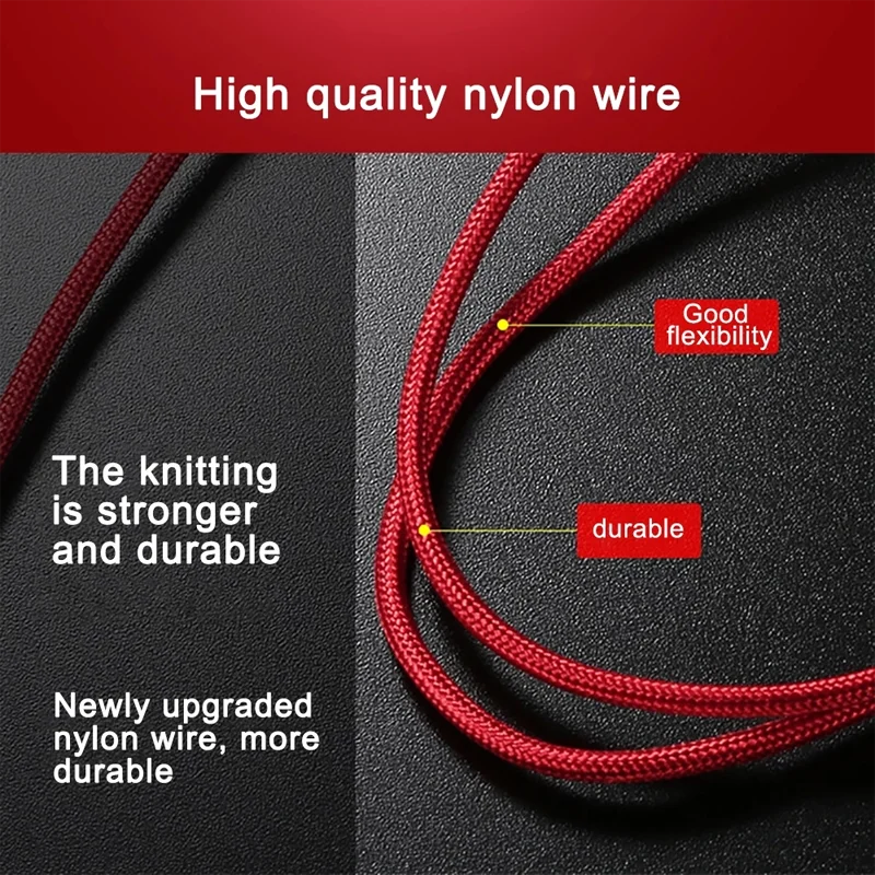 Close-up of red nylon wire on textured surface. Text highlights good flexibility, durability, and strong knitting, emphasizing the wire's high-quality and upgraded durability.