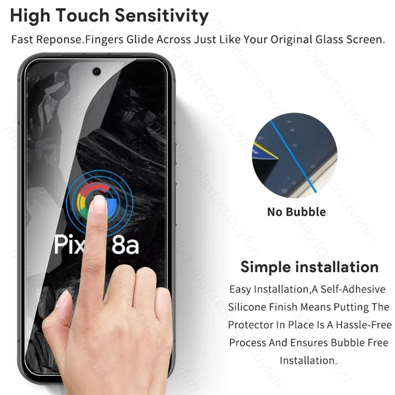 A hand touches the screen of a smartphone with text highlighting high touch sensitivity and simple installation of a bubble-free screen protector, labeled Pix 8a.
